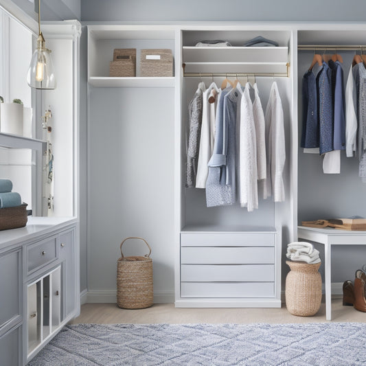 A bright, airy closet with sleek, white shelves and rods, holding a curated selection of stylish clothing and accessories, set against a soft, gray-blue wall with a single, modern pendant light.