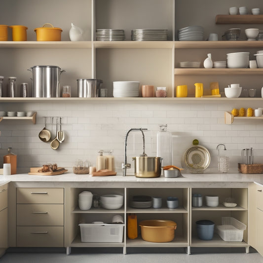 A modern, well-lit kitchen with sleek countertops and a neutral-colored backdrop, featuring a variety of Rubbermaid organizers in different shapes, sizes, and colors, neatly arranged and filled with utensils and kitchen items.