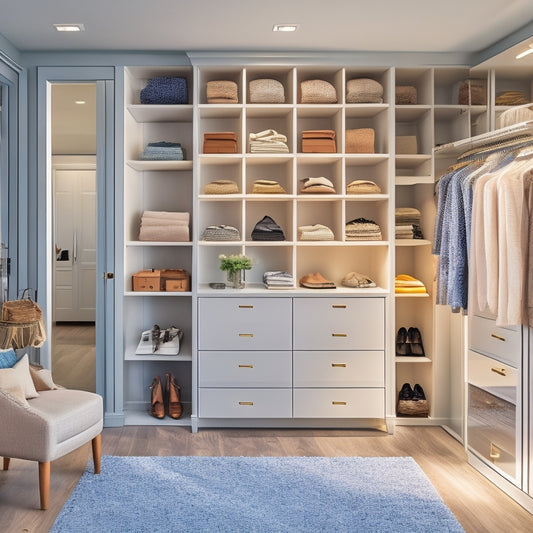 A serene, light-filled closet with floor-to-ceiling shelves, soft-close drawers, and a sleek island in the center, featuring neatly arranged clothes, shoes, and accessories in a soothing color palette.