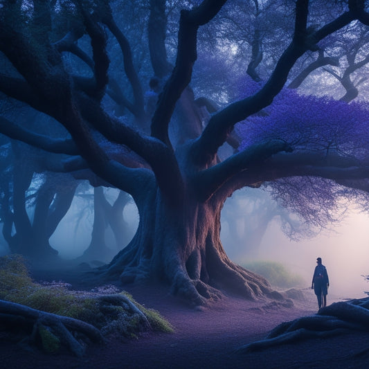 A serene, misty forest with a lone, gnarled tree in the center, its twisted branches resembling a human figure, surrounded by glowing, ethereal orbs of soft blue and purple hues.