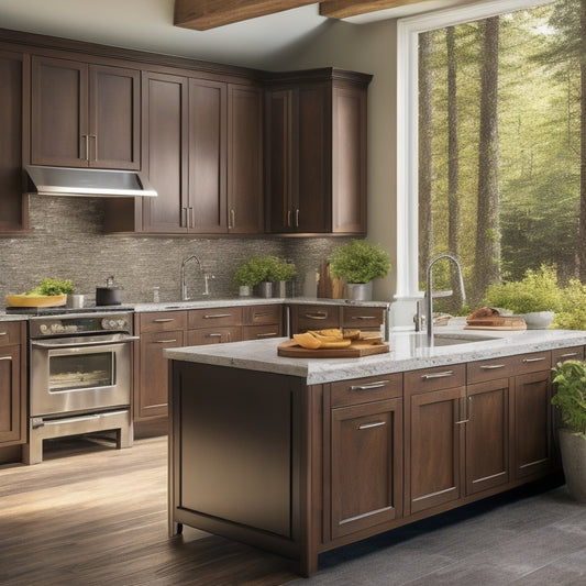 A warm, sunlit kitchen with sleek, custom cabinetry in a rich, dark wood tone, paired with gleaming silver hardware and a stunning quartz island, surrounded by lush greenery.