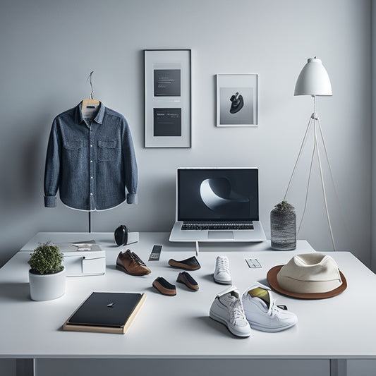 A minimalist, modern desk with a sleek MacBook and a few scattered outfit pieces (a white shirt, dark jeans, and sneakers) surrounded by virtual closet icons and clothes floating above the surface.
