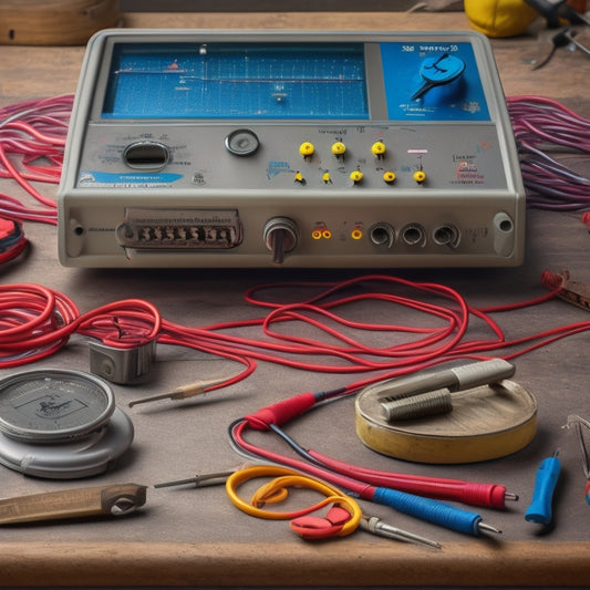 An illustration of a vintage multimeter with a partially unrolled manual in the background, surrounded by scattered tools, wires, and cryptic notes with question marks and exclamation points.