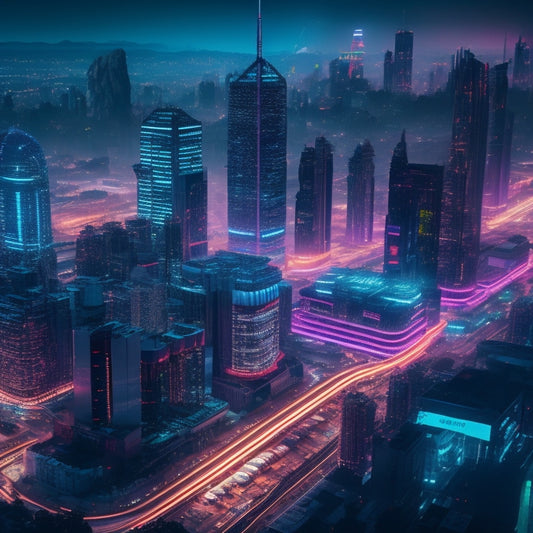 A futuristic, high-tech cityscape at night, with sleek skyscrapers and neon lights, surrounded by a glowing, intricate network of circuits and wires, symbolizing a secure digital fortress.