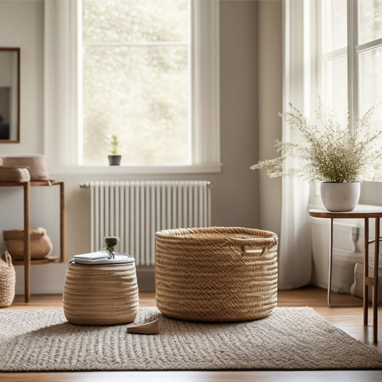 A serene, minimalist living room with a few, carefully-placed possessions, a woven basket, and a small, wooden storage ottoman, surrounded by plenty of natural light and empty space.