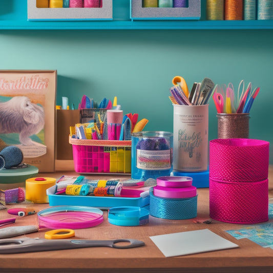 A clutter-free, well-organized craft desk with a variety of colorful labels, scissors, glue, tape, and other necessary tools and supplies, arranged artfully and lit from the side.