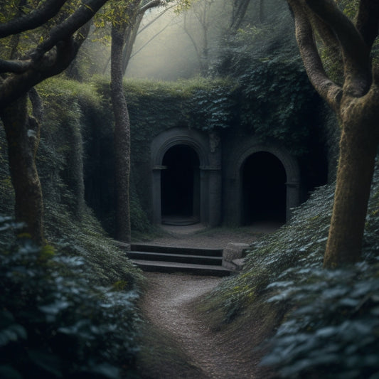 A maze with narrow, winding paths and tall, grey stone walls, surrounded by dense, dark forest, with a small, old-fashioned keyhole in the center, overgrown with vines.