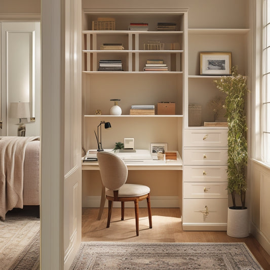 A serene, well-lit closet with cream-colored walls, dark wood shelves, and a plush, ivory area rug; a stylish, minimalist desk with a laptop and a few design books nearby.