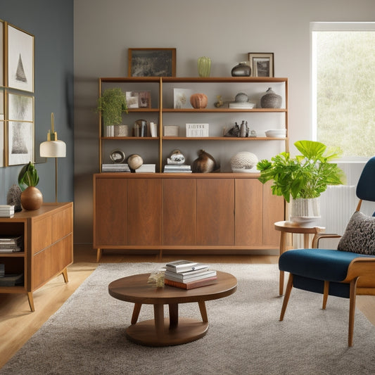 A bright, modern living room with sleek, built-in shelving units in a warm wood tone, showcasing decorative vases and books, alongside a minimalist desk with a custom cabinet and a plush area rug.