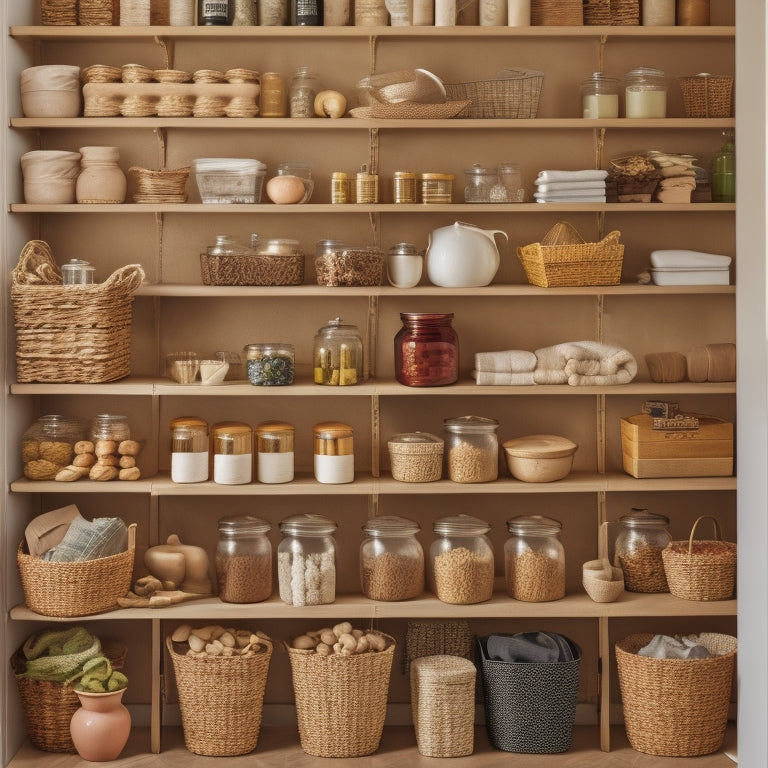 A cluttered pantry with overflowing shelves transforms into an organized space with creative DIY hacks: stacked baskets, hanging rods, and repurposed crates, all in a warm, natural color palette.