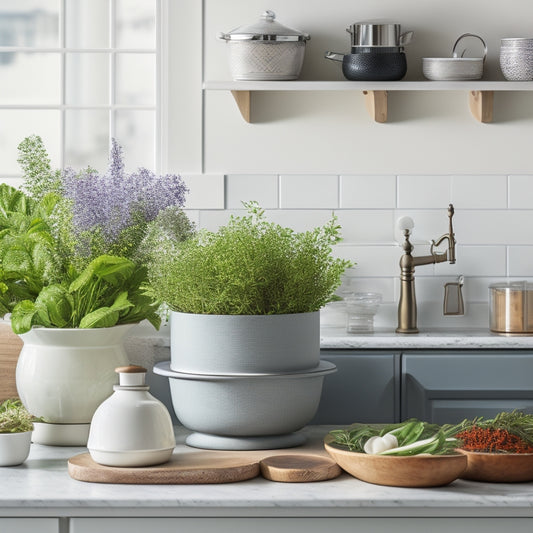 A clutter-free kitchen countertop with a compact stand mixer, a wall-mounted spice rack, and a stack of nesting bowls, surrounded by a few fresh herbs and a small vase with a single stem of greenery.