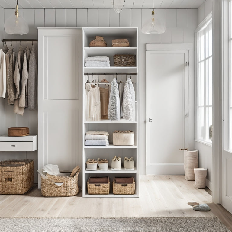 A tidy, minimalist closet with whitewashed walls, wooden shelves, and a sliding barn door, featuring a mix of hanging rods, baskets, and stackable storage cubes in a calming, monochromatic color scheme.