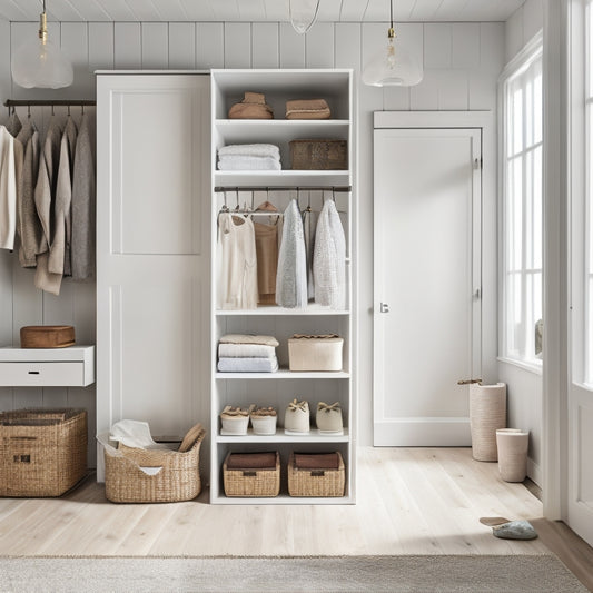 A tidy, minimalist closet with whitewashed walls, wooden shelves, and a sliding barn door, featuring a mix of hanging rods, baskets, and stackable storage cubes in a calming, monochromatic color scheme.