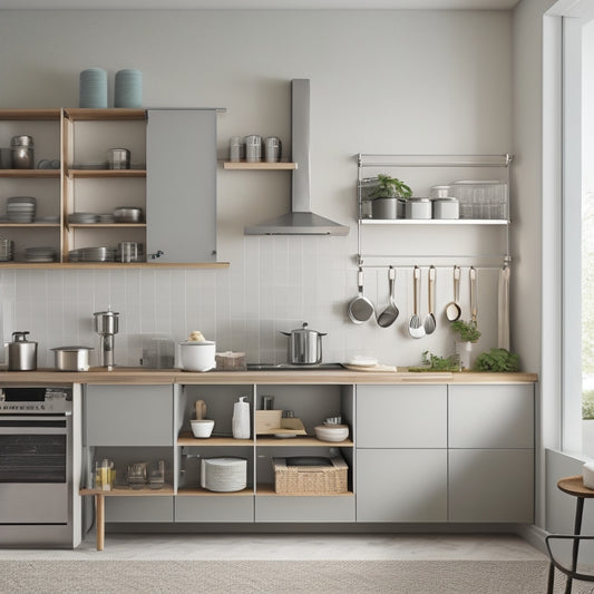 A compact kitchen with a wall-mounted foldable table, a retractable drying rack, and a set of stackable pots and pans, surrounded by sleek, minimalist cabinets and a narrow, built-in shelving unit.
