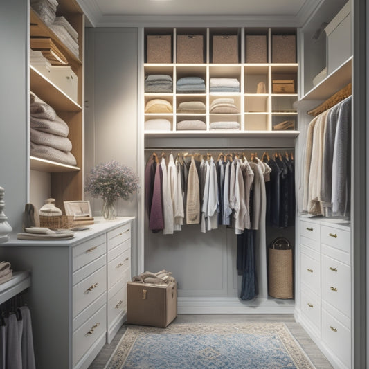 A serene, well-lit closet interior with neatly organized clothing items on shelves and in drawers, a few stylish outfits on display, and a few empty spaces to convey a sense of calm and control.