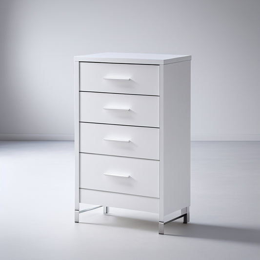 A modern, white, 3-drawer vertical dresser with sleek silver handles, set against a light gray background, with a subtle shadow, and a slight reflection on a polished wooden floor.