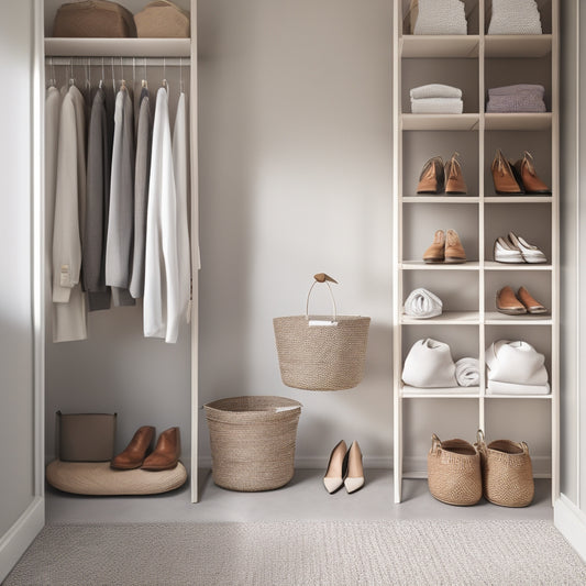 A serene, minimalist closet interior with a few, stylishly arranged garments on a rack, a few shoes on a shelf, and a small, woven basket on the floor, surrounded by empty space.