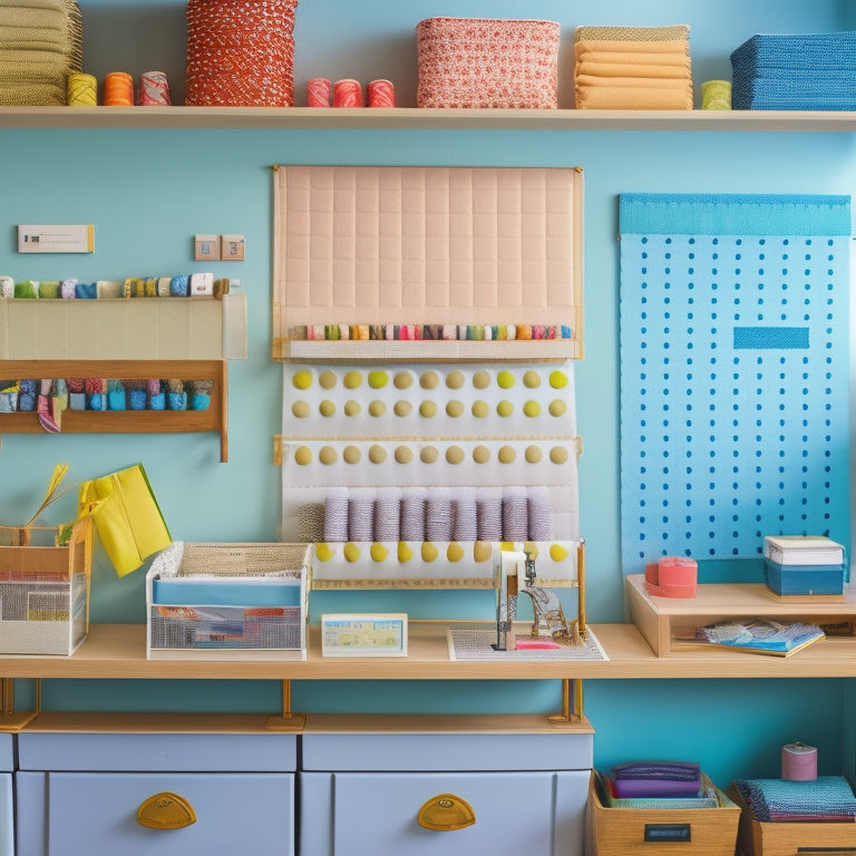 A tidy sewing room with a pegboard on the wall, holding rows of labeled pattern envelopes, a shelf with stacks of neatly folded fabric, and a drawer organizer with categorized dividers.