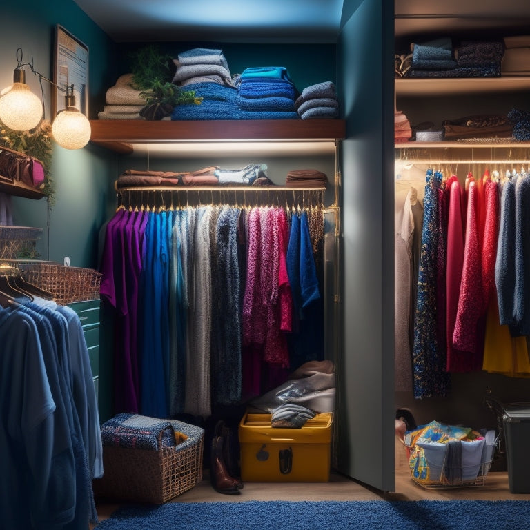 A cluttered closet with clothes spilling out, contrasting with a tidy section featuring a shelf divider, stacking bins, and a double rod, illuminated by a string of fairy lights.