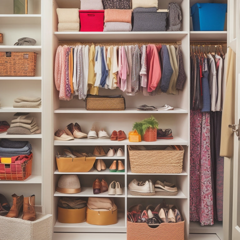 A cluttered small closet with clothes piled high, shoes scattered, and accessories tangled, transformed into a tidy space with a DIY shelving kit, baskets, and a hanging organizer system.