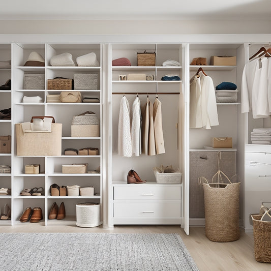 A serene and organized walk-in closet with creamy white walls, dark wood floor, and five horizontal shelves in various heights, holding neatly folded clothes, baskets, and accessories.