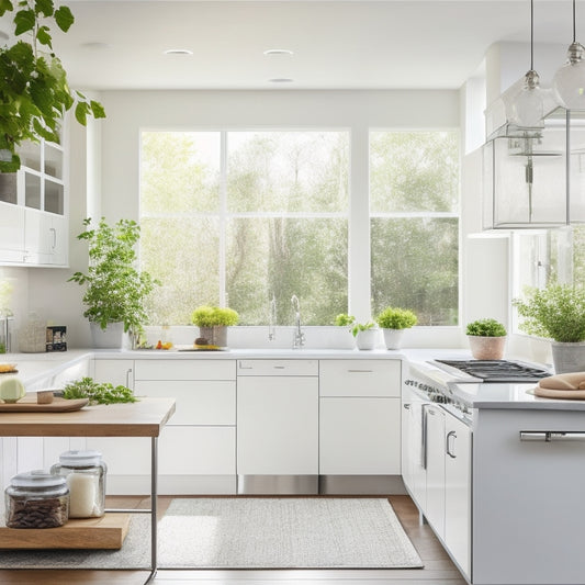 A bright, modern kitchen with sleek white cabinets, chrome fixtures, and a large island featuring color-coded glass jars with stylish, minimalist labels, surrounded by lush greenery and warm natural light.
