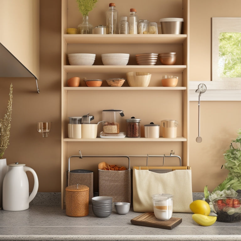 A tidy, L-shaped kitchen counter with a utensil organizer, a three-tiered spice rack, a wall-mounted pot rack, and a compact trash can, all in a warm, neutral color scheme.