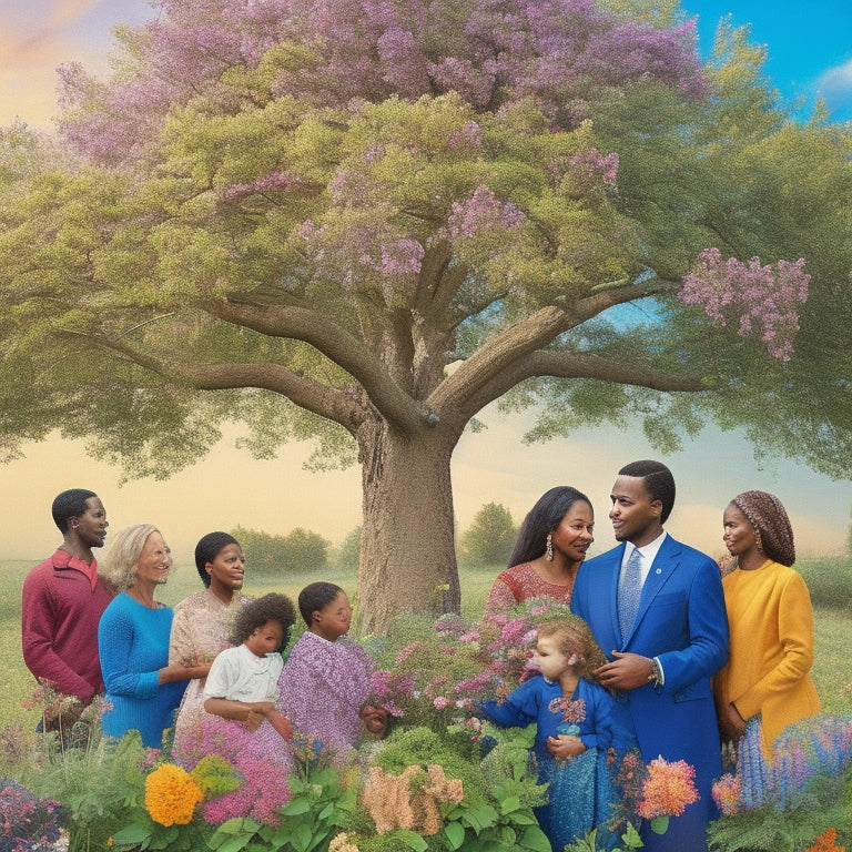 An illustration of a diverse group of people, including families and individuals of various ages, gathered around a large, blooming tree, surrounded by vibrant flowers and intertwining vines.