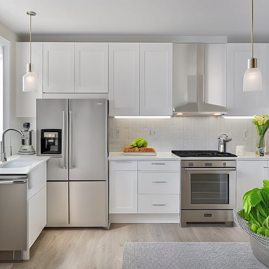 A sleek, modern kitchen with a compact refrigerator, microwave, and dishwasher, all in a stainless steel finish, nestled between white cabinets and a quartz countertop, with a small pendant light above.