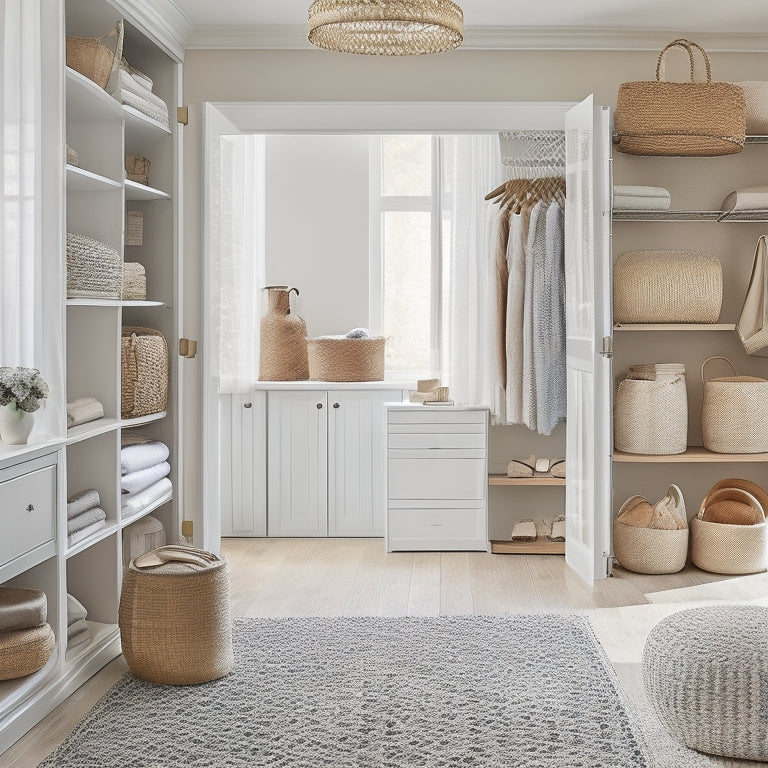 A serene, light-filled closet interior with soft, creamy walls, pale wood shelving, and a plush area rug, featuring a mix of woven baskets, glass jars, and ornate metal storage units.