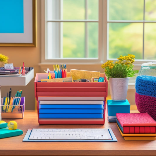 A clutter-free desk with a colorful, organized binder system, a tidy paper tray, and a few carefully placed pens and pencils, surrounded by a calm and peaceful home office background.