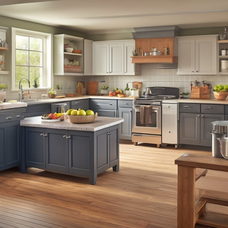 A wooden island with a butcher-block top, stainless steel appliances, and built-in trash and recycling bins with slide-out drawers, set against a light-gray kitchen backdrop with white cabinets.