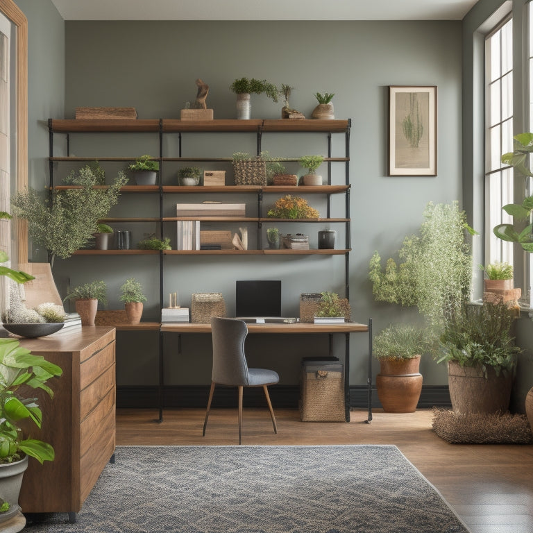A serene home office with a custom shelving system featuring floor-to-ceiling wooden shelves with decorative metal brackets, holding organized binders, framed photos, and a few potted plants.