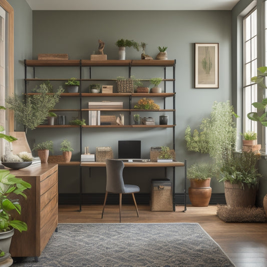 A serene home office with a custom shelving system featuring floor-to-ceiling wooden shelves with decorative metal brackets, holding organized binders, framed photos, and a few potted plants.