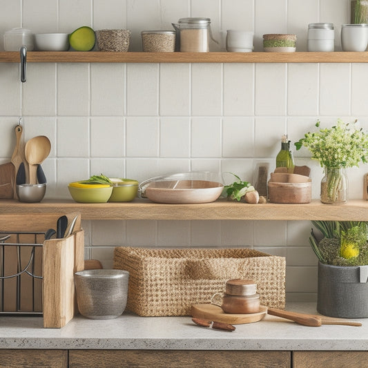 A clutter-free kitchen counter with a repurposed wooden crate turned utensil organizer, a hanging spice rack made from a wooden ladder, and a ceramic jar filled with utensils on a wooden cutting board.