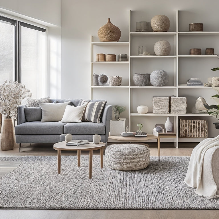 A clutter-free, modern living room with a minimalist aesthetic, featuring a sleek shelving unit, a labeled storage ottoman, and a few, strategically-placed woven baskets, amidst a calming, light-filled atmosphere.