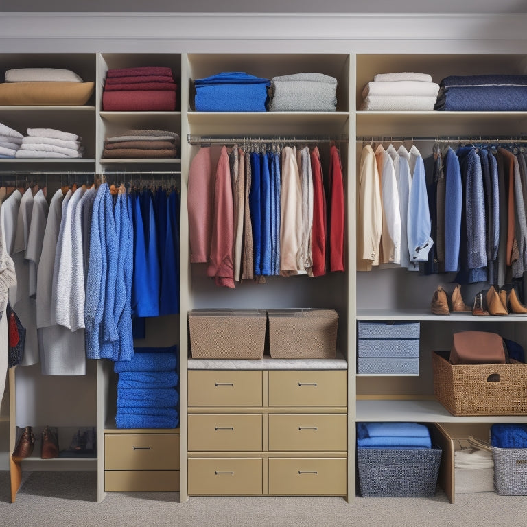 A tidy closet with a built-in shelving system, containing neatly folded and stacked clothing, organized by type and color, with a few empty shelves for future growth.