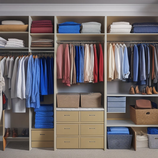 A tidy closet with a built-in shelving system, containing neatly folded and stacked clothing, organized by type and color, with a few empty shelves for future growth.
