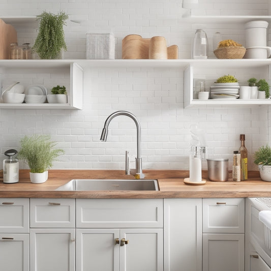 A clutter-free, modern tiny kitchen with a sleek, white countertop, featuring a compact, wall-mounted spice rack, a utensil organizer, and a small, rounded sink with a faucet.