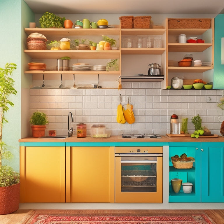 A clutter-free, compact kitchen with a wall-mounted foldable table, a microwave oven installed above a compact refrigerator, and a vertical spice rack with small pots and pans hung from the ceiling.