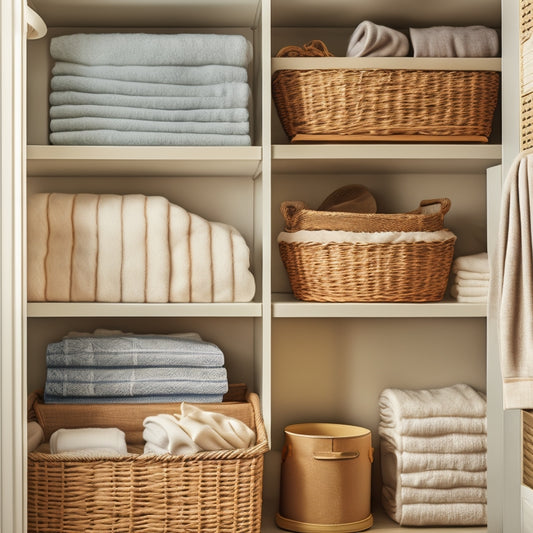 A tidy linen closet with neatly folded towels and sheets on shelves, baskets containing rolled blankets, and a label-free pegboard holding hooks and bins, illuminated by soft, natural light.