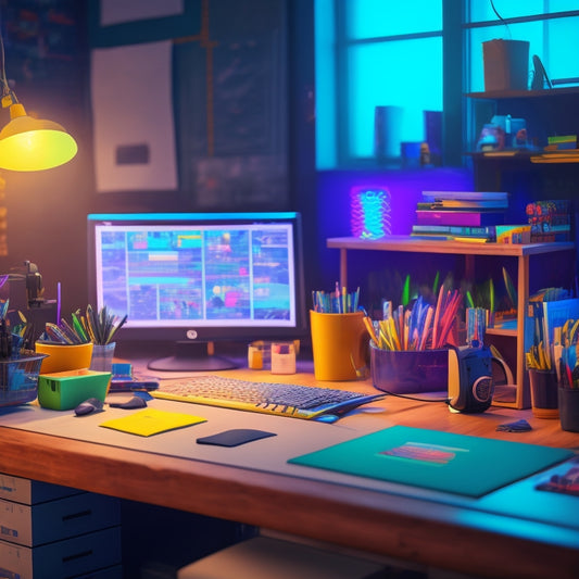 An illustration of a tidy, well-lit game design studio with organized workstations, labeled folders, and a massive, glowing whiteboard with colorful sticky notes and interconnected threads.