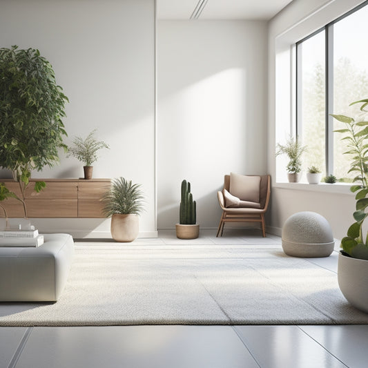 A serene, minimalist room with a plush area rug, a few carefully placed potted plants, and a sleek, low-profile storage unit against a calming white background.