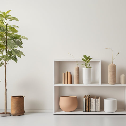 A minimalist, modern room with a sleek white wooden shelving system, adorned with a few decorative vases, a small potted plant, and a few stacked books, amidst a neutral-colored background.