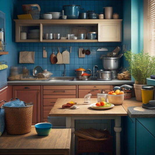 A messy kitchen corner with a trash can, dirty dishes, and scattered utensils, contrasted with a similarly sized adjacent space optimized with a carousel, shelves, and a sleek countertop.