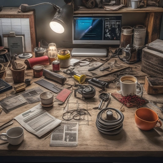 A cluttered workshop desk with scattered tools, wires, and gadgets, featuring a few open service manuals with diagrams and schematics, surrounded by coffee cups and scraps of notes.