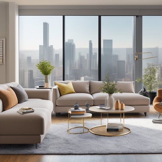 A serene, modern living room with a tidy couch, a minimalist coffee table, and a few, carefully curated decorative items, set against a backdrop of a cityscape visible through a large window.
