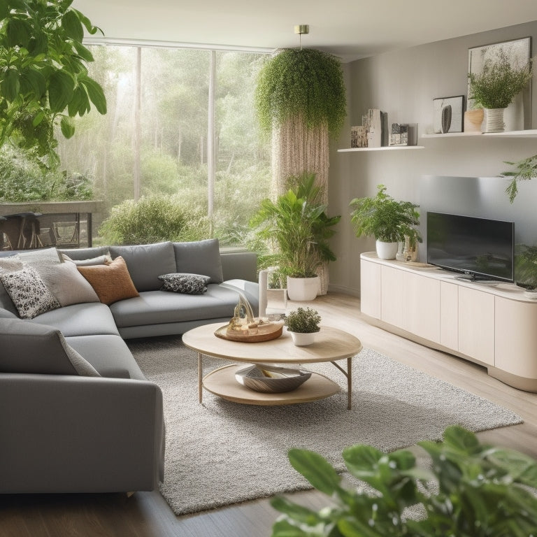 A serene living room with a smart island in the center, featuring a built-in wireless charging pad, a small refrigerator, and a pop-up outlet, surrounded by lush greenery and modern furniture.