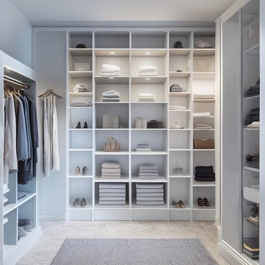 A tidy, walk-in closet with a minimalist aesthetic, featuring floor-to-ceiling shelves, double rods, and stackable bins in a soothing white and gray color scheme, illuminated by soft, warm lighting.