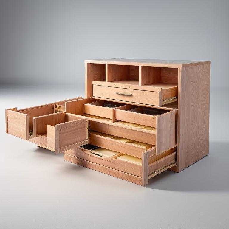 A beautifully crafted wooden storage system with numerous compartments, drawers, and shelves, set against a clean white background, with warm lighting highlighting the wood grain and precise joinery.